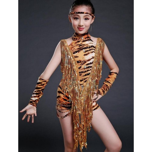 Girls Tiger S-XXL kids sequins kids children latin Dress Cha-Cha /Ballroom Dance Dress Latin Girls tassel dress